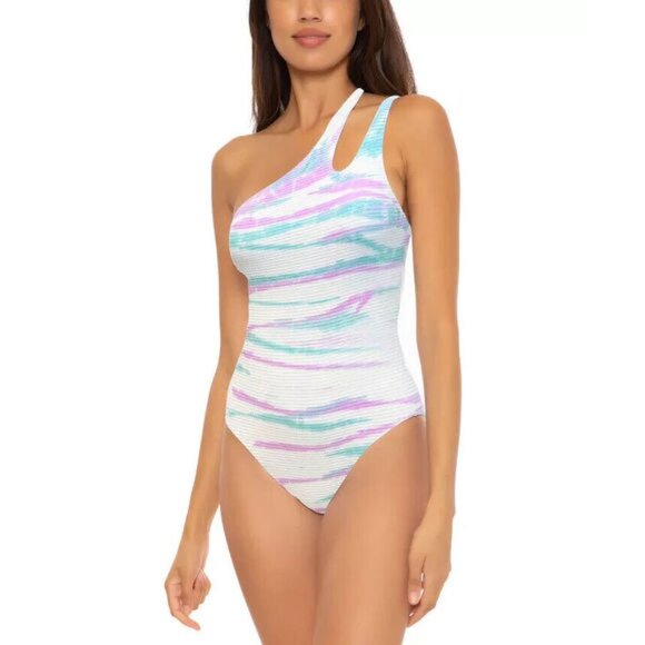 NWT! Becca White Tie Dye Iconic Ribbed One Shoulder One Piece Swimsuit NEW! - Picture 1 of 3